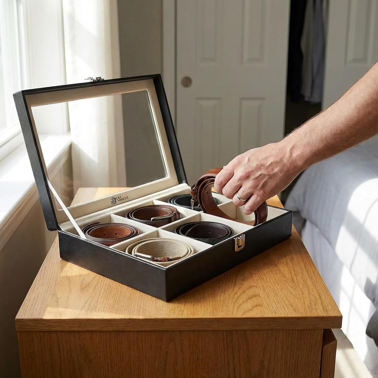 6-Slot Belt Organizer Box | Dust-Free Storage