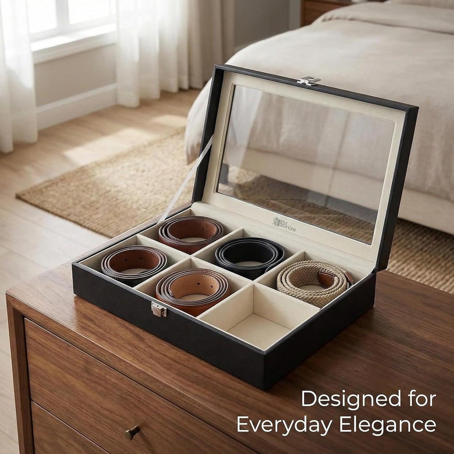 6-Slot Belt Organizer Box | Dust-Free Storage