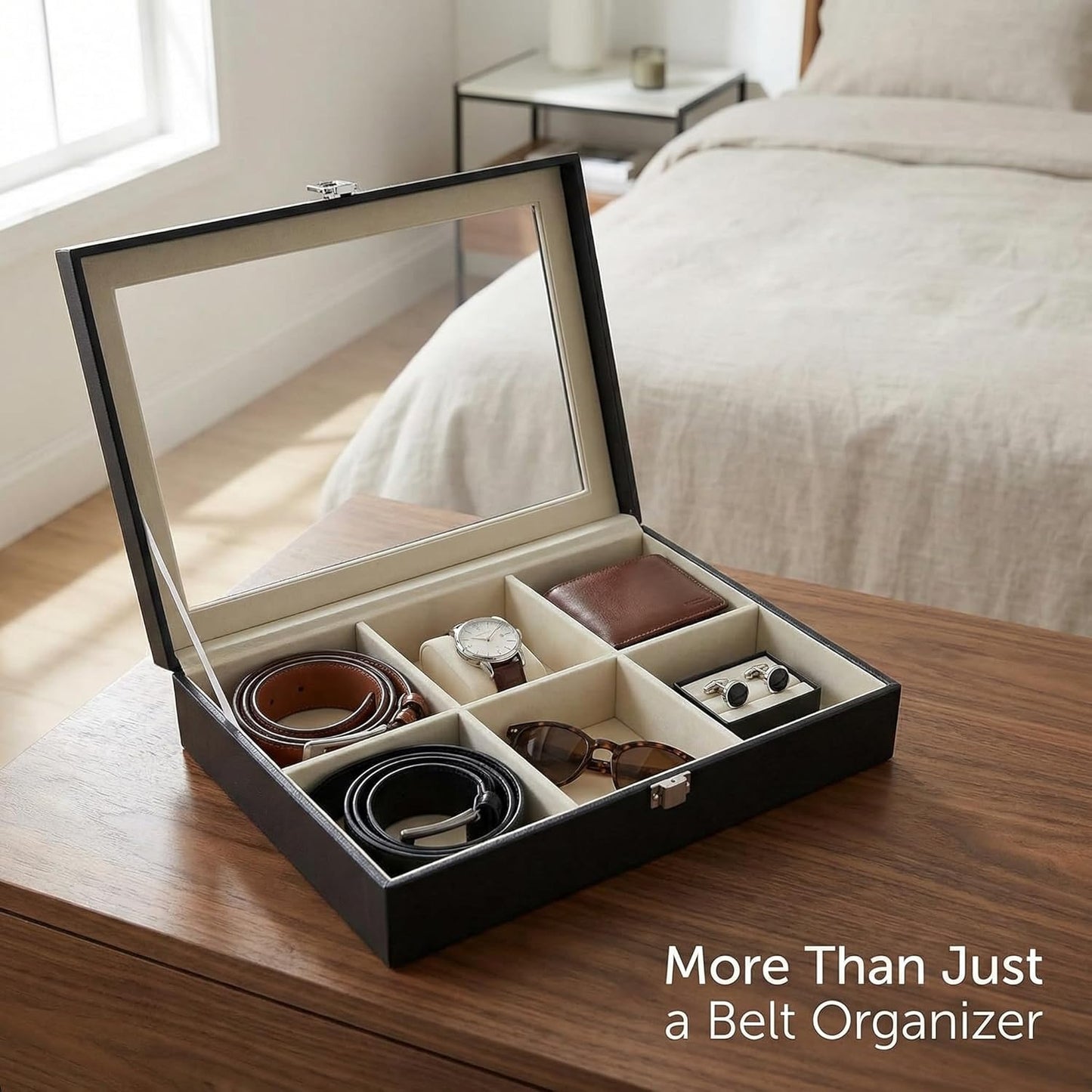 6-Slot Belt Organizer Box | Dust-Free Storage