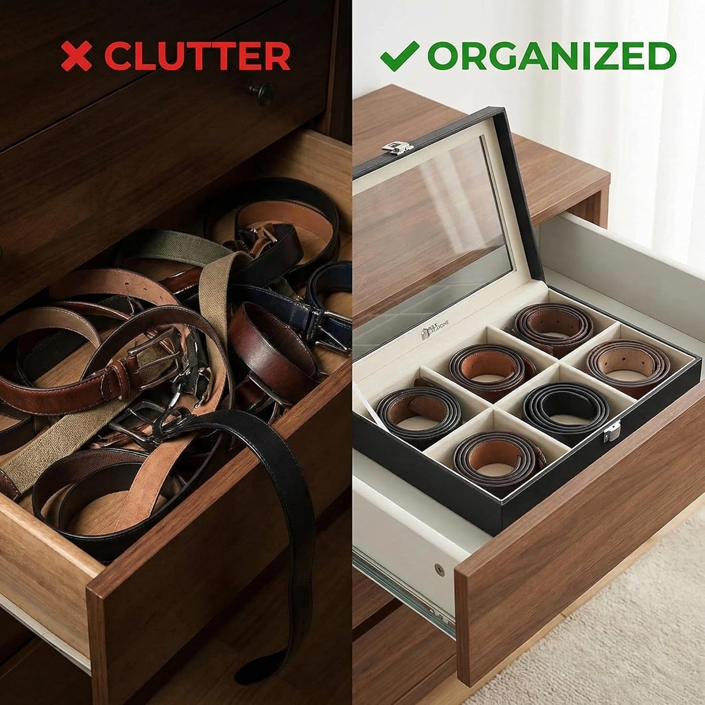 6-Slot Belt Organizer Box | Dust-Free Storage