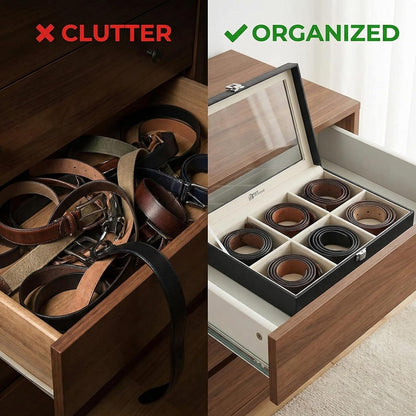 6-Slot Belt Organizer Box | Dust-Free Storage