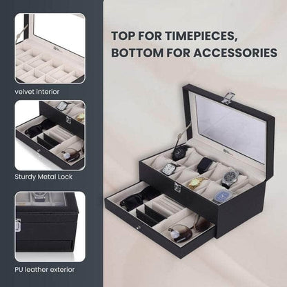12 Slots Watch Storage Box with Additional Drawer for Storage