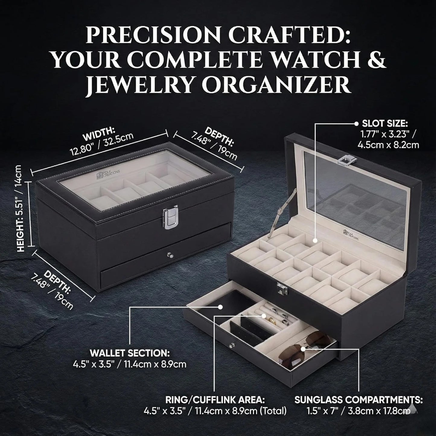 12 Slots Watch Storage Box with Additional Drawer for Storage