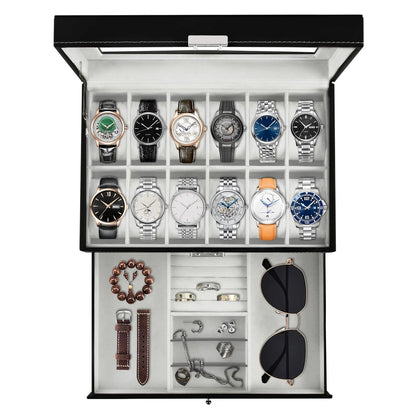 12 Slots Watch Storage Box with Additional Drawer for Storage