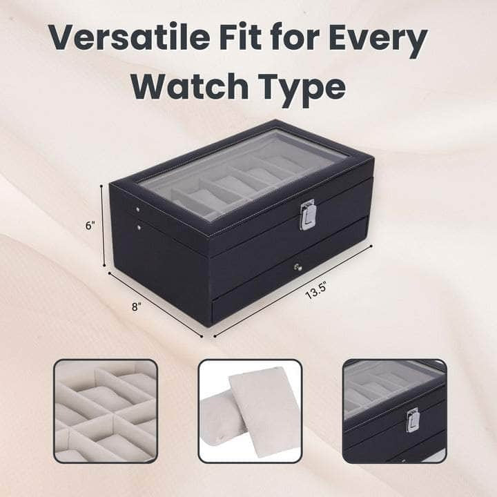 12 Slots Watch Storage Box with Additional Drawer for Storage
