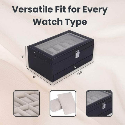 12 Slots Watch Storage Box with Additional Drawer for Storage